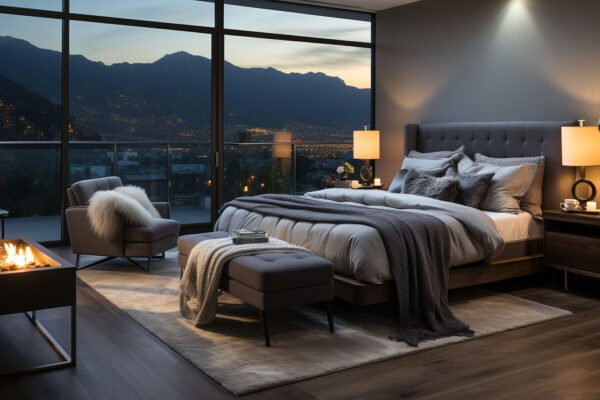 Luxury hotel suite, modern design, comfortable bed, bright blue room generated by AI Luxury hotel suite, modern design, comfortable bed, bright blue room generated by artificial intelligence